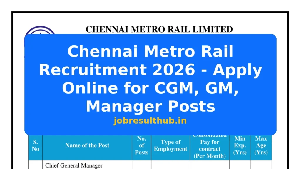 Chennai Metro Rail Recruitment 2026 - Apply Online for CGM, GM, Manager Posts - 19 Posts