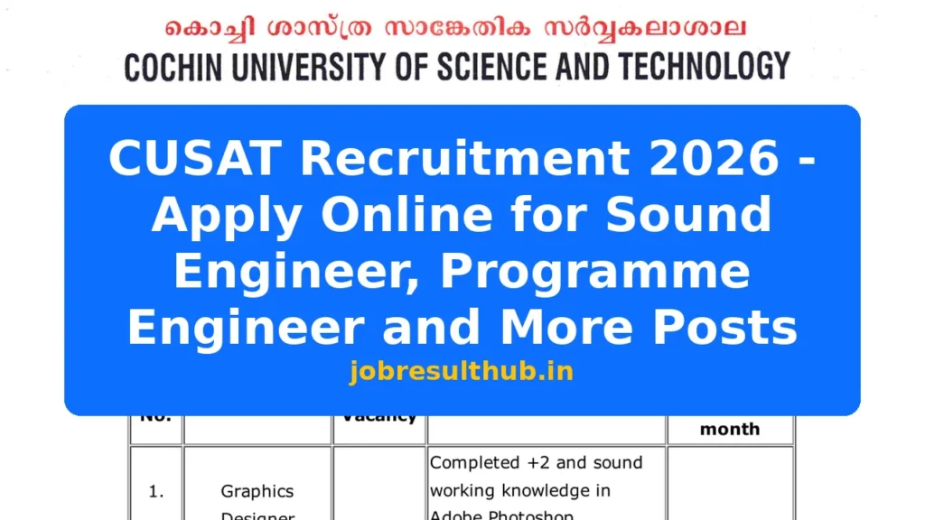 CUSAT Recruitment 2026 - Apply Online for Sound Engineer, Programme Engineer and More Posts - 2026 Posts