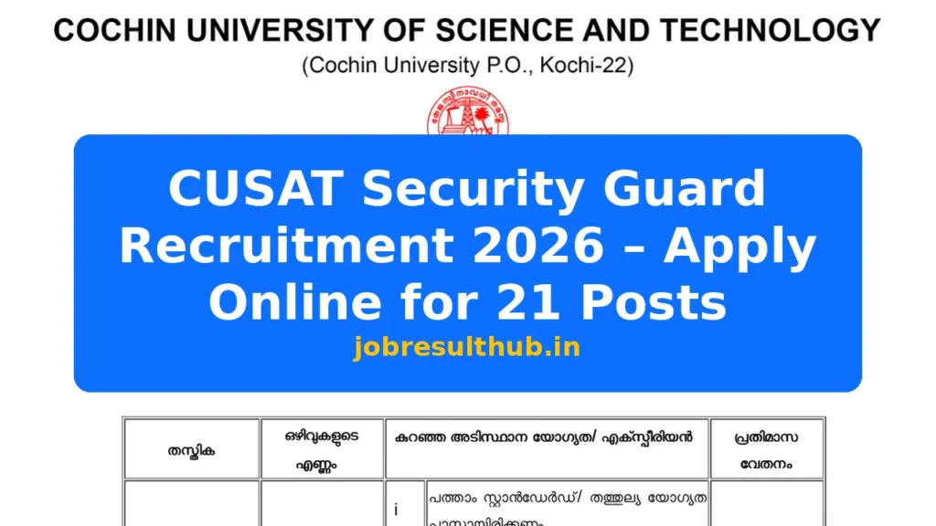 CUSAT Security Guard Recruitment 2026 – Apply Online for 21 Posts - 21 Posts