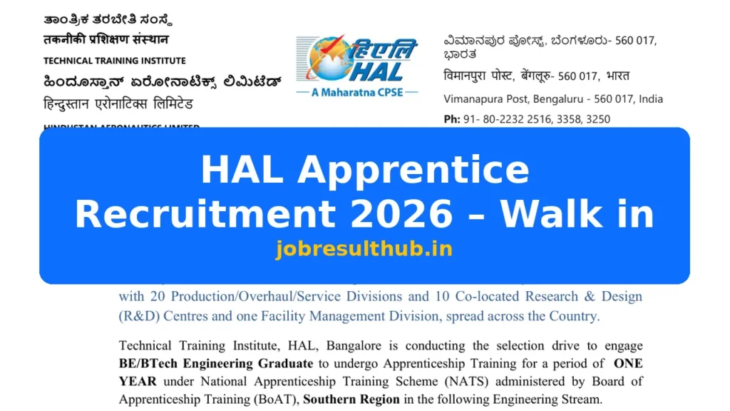 HAL Apprentice Recruitment 2026 – Walk in - 2026 Posts