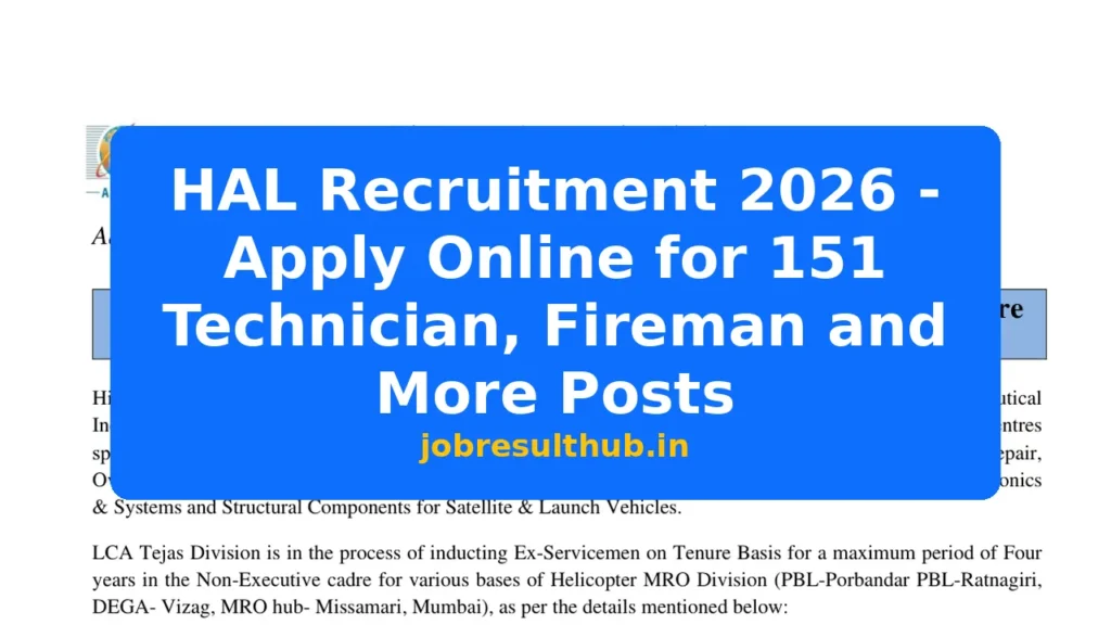 HAL Recruitment 2026 - Apply Online for 151 Technician, Fireman and More Posts - 2026 Posts
