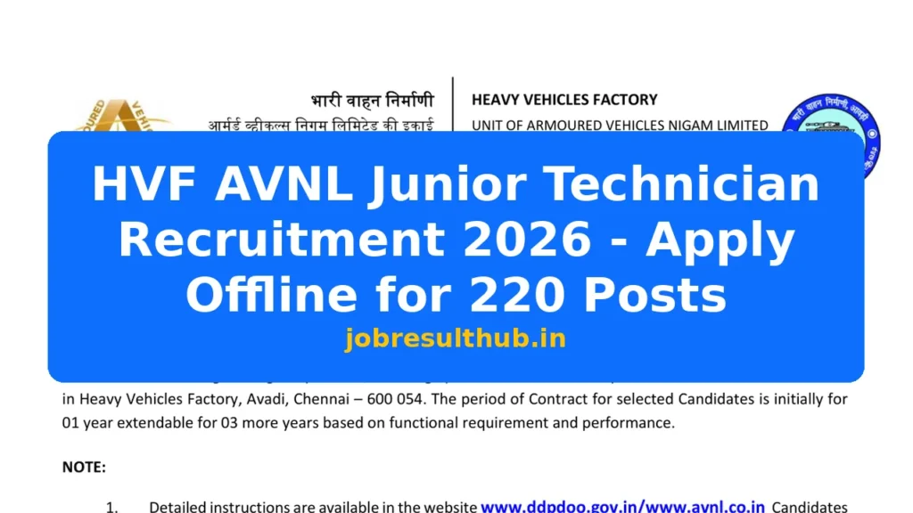 HVF AVNL Junior Technician Recruitment 2026 - Apply Offline for 220 Posts - 220 Posts