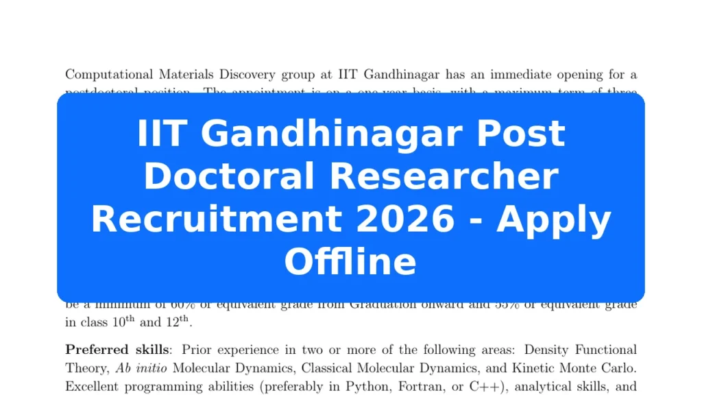 IIT Gandhinagar Post Doctoral Researcher Recruitment 2026 - Apply Offline Featured Image