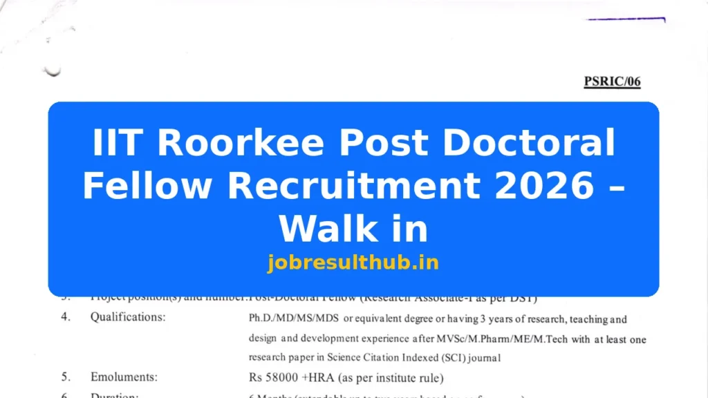 IIT Roorkee Post Doctoral Fellow Recruitment 2026 – Walk in - 2026 Posts