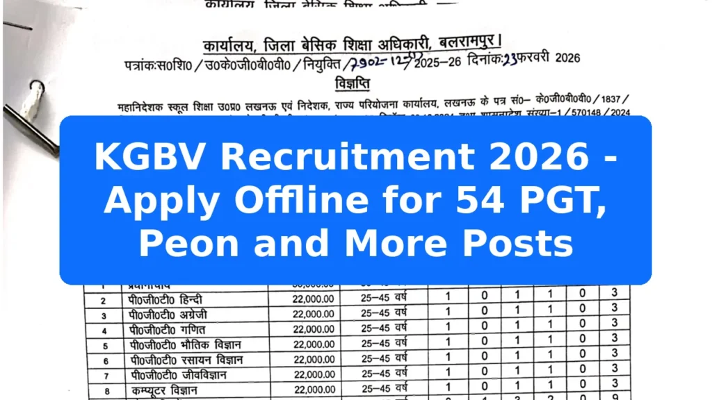 KGBV Recruitment 2026 - Apply Offline for 54 PGT, Peon and More Posts Featured Image