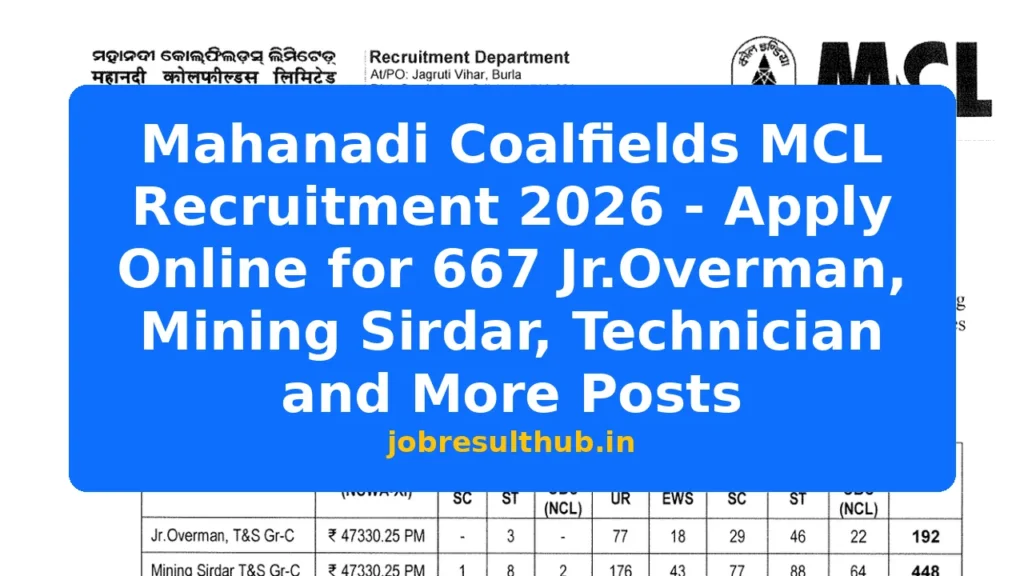 Mahanadi Coalfields MCL Recruitment 2026 - Apply Online for 667 Jr.Overman, Mining Sirdar, Technician and More Posts - 2026 Posts