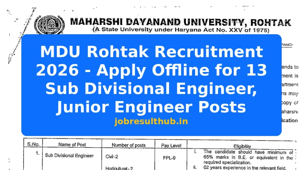 MDU Rohtak Recruitment 2026 - Apply Offline for 13 Sub Divisional Engineer, Junior Engineer Posts - 2026 Posts