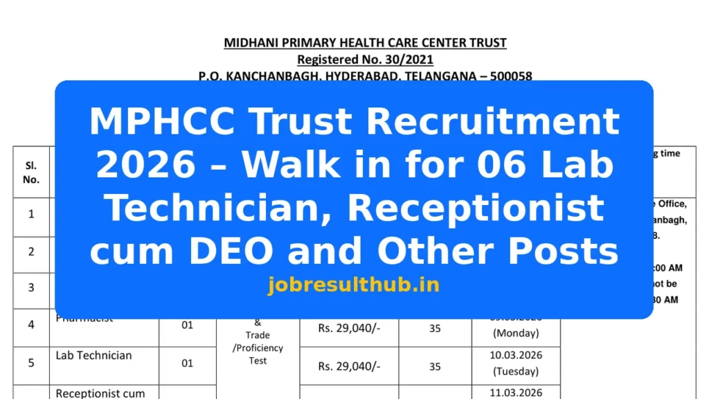 MPHCC Trust Recruitment 2026 – Walk in for 06 Lab Technician, Receptionist cum DEO and Other Posts - 2026 Posts