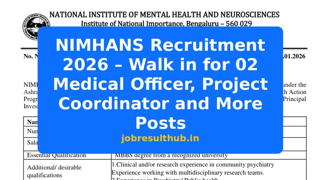 NIMHANS Recruitment 2026 – Walk in for 02 Medical Officer, Project Coordinator and More Posts - 2 Posts