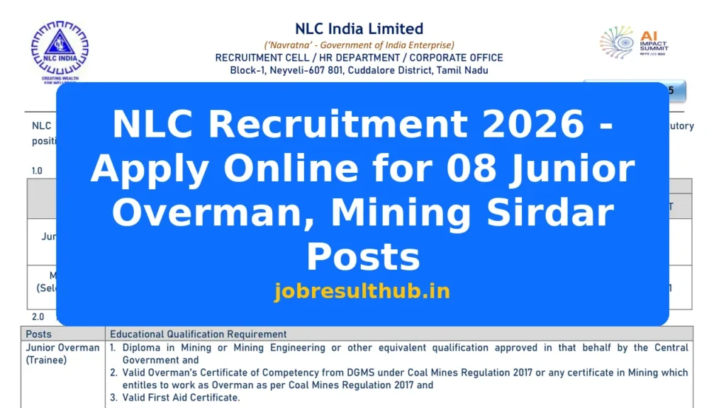 NLC Recruitment 2026 - Apply Online for 08 Junior Overman, Mining Sirdar Posts - 2026 Posts
