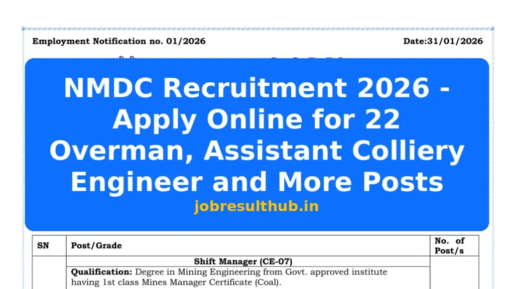 NMDC Recruitment 2026 - Apply Online for 22 Overman, Assistant Colliery Engineer and More Posts - 2026 Posts