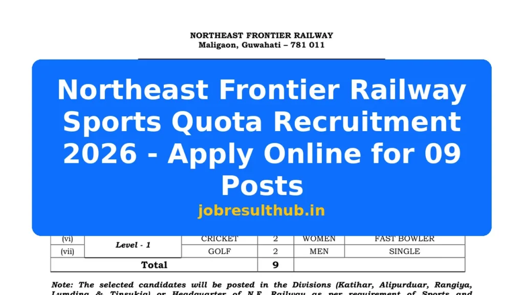 Northeast Frontier Railway Sports Quota Recruitment 2026 - Apply Online for 09 Posts - 2026 Posts