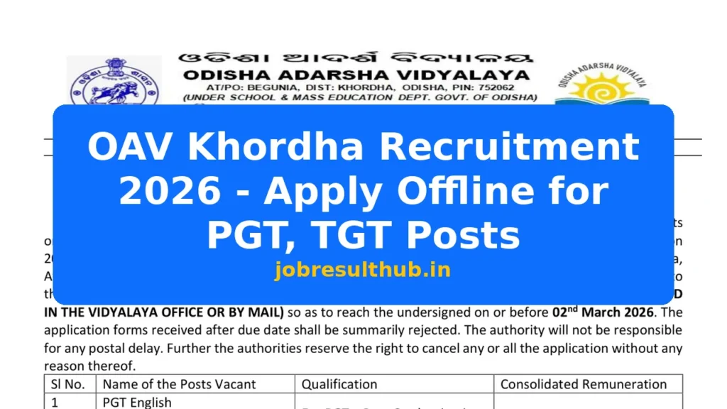 OAV Khordha Recruitment 2026 - Apply Offline for PGT, TGT Posts - 2026 Posts