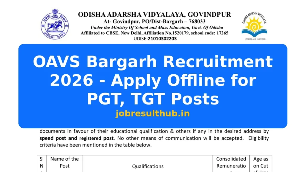OAVS Bargarh Recruitment 2026 - Apply Offline for PGT, TGT Posts - 2026 Posts