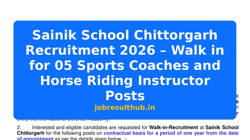 Sainik School Chittorgarh Recruitment 2026 – Walk in for 05 Sports Coaches and Horse Riding Instructor Posts - 2026 Posts