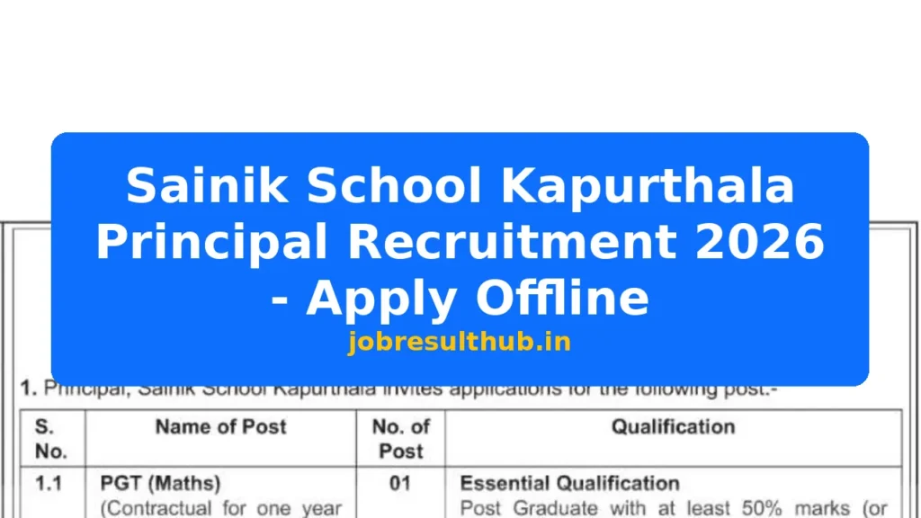 Sainik School Kapurthala Principal Recruitment 2026 - Apply Offline - 2026 Posts