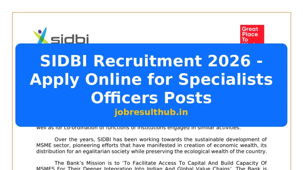 SIDBI Recruitment 2026 - Apply Online for Specialists Officers Posts - 2026 Posts