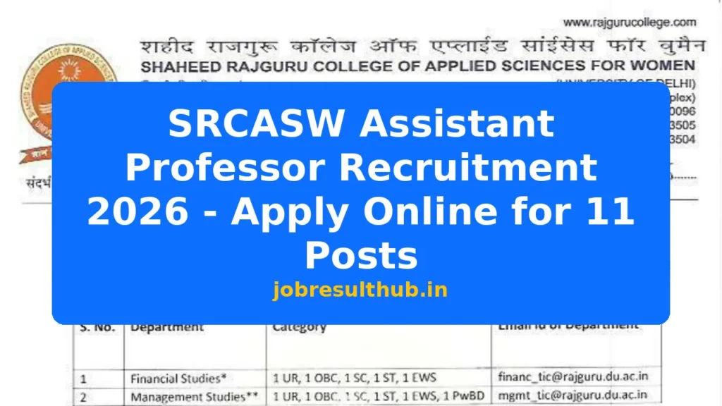 SRCASW Assistant Professor Recruitment 2026 - Apply Online for 11 Posts - 2026 Posts