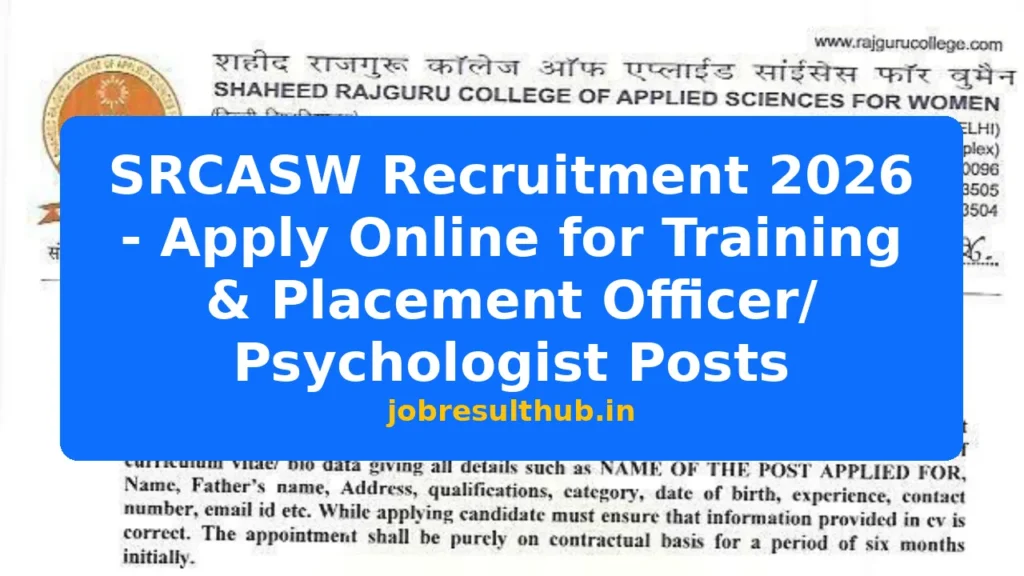 SRCASW Recruitment 2026 - Apply Online for Training & Placement Officer/ Psychologist Posts - 2026 Posts