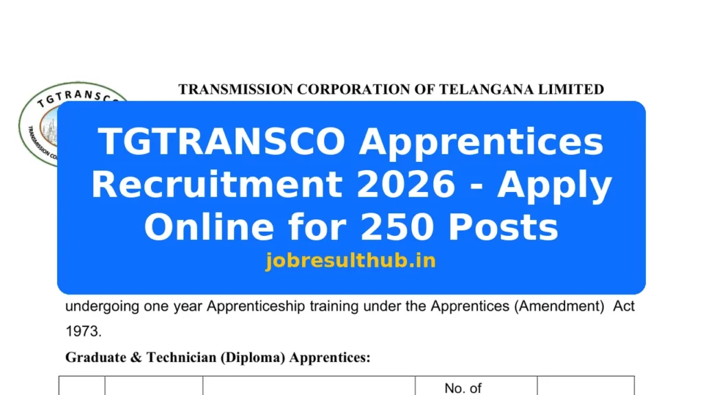 TGTRANSCO Apprentices Recruitment 2026 - Apply Online for 250 Posts - 2026 Posts