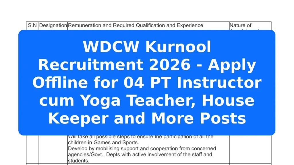 WDCW Kurnool Recruitment 2026 - Apply Offline for 04 PT Instructor cum Yoga Teacher, House Keeper and More Posts Featured Image