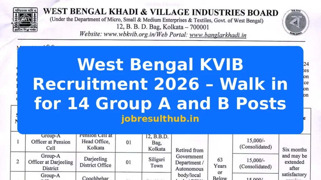 West Bengal KVIB Recruitment 2026 – Walk in for 14 Group A and B Posts - 14 Posts