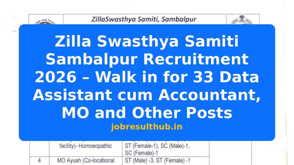 Zilla Swasthya Samiti Sambalpur Recruitment 2026 – Walk in for 33 Data Assistant cum Accountant, MO and Other Posts - 33 Posts