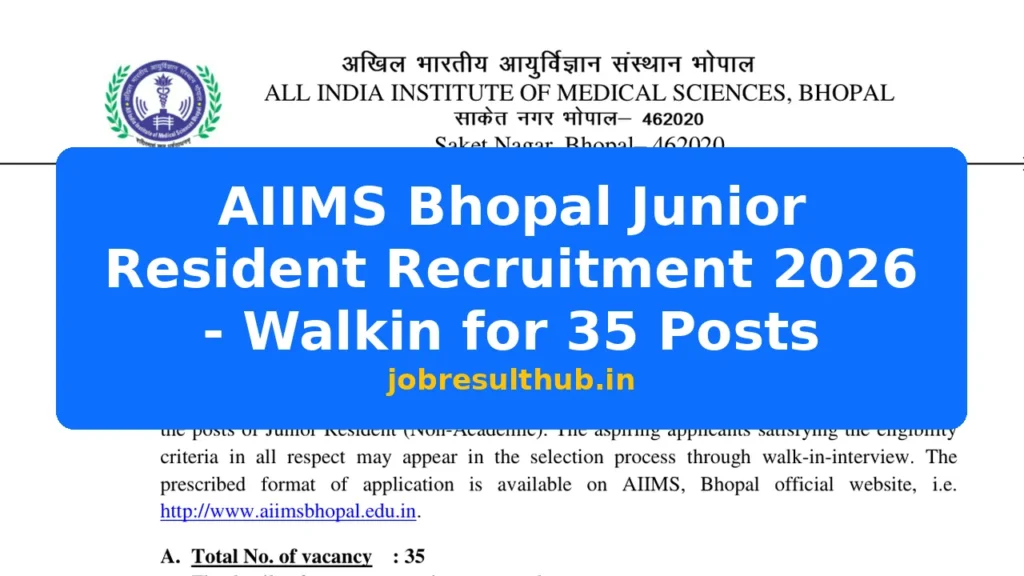 AIIMS Bhopal Junior Resident Recruitment 2026 - Walkin for 35 Posts - 2026 Posts