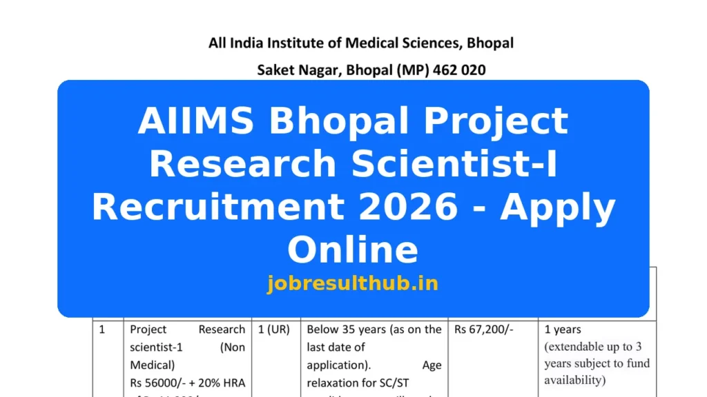 AIIMS Bhopal Project Research Scientist-I Recruitment 2026 - Apply Online - 2026 Posts