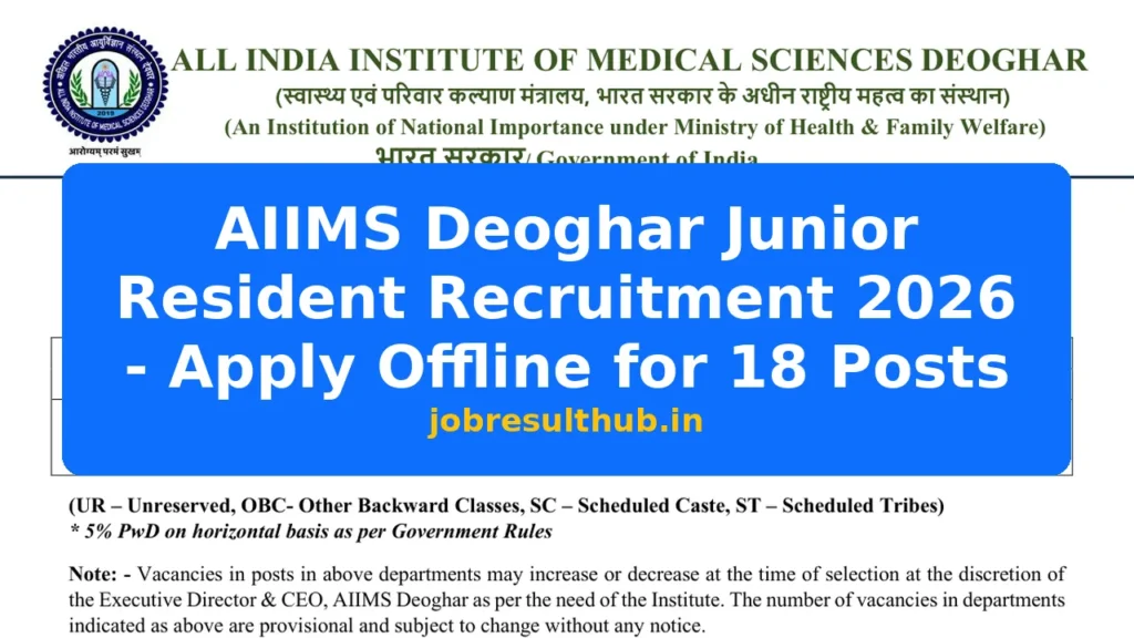 AIIMS Deoghar Junior Resident Recruitment 2026 - Apply Offline for 18 Posts - 2026 Posts