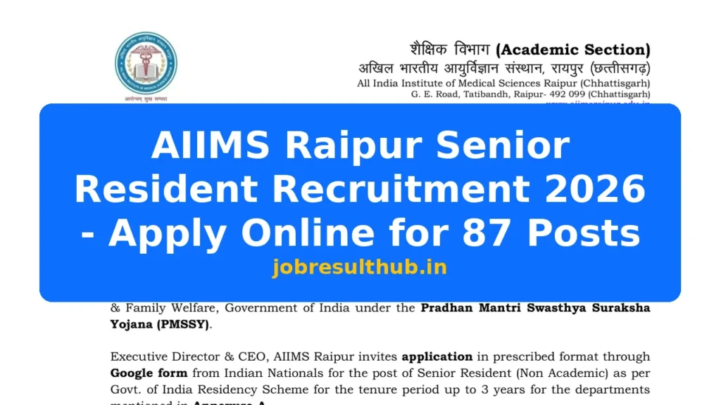 AIIMS Raipur Senior Resident Recruitment 2026 - Apply Online for 87 Posts - 87 Posts