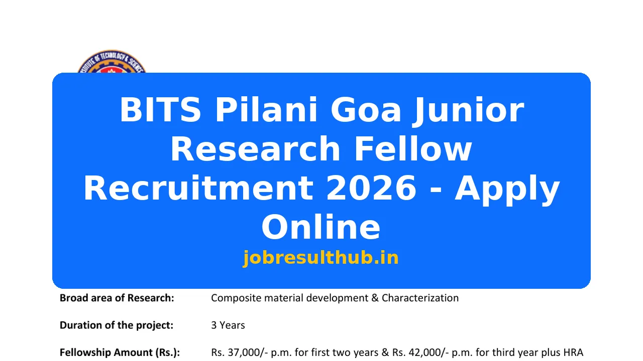 BITS Pilani Goa Junior Research Fellow Recruitment 2026 - Apply Online