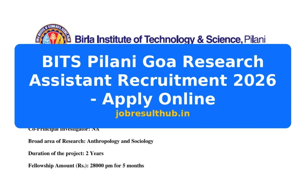BITS Pilani Goa Research Assistant Recruitment 2026 - Apply Online - 2026 Posts