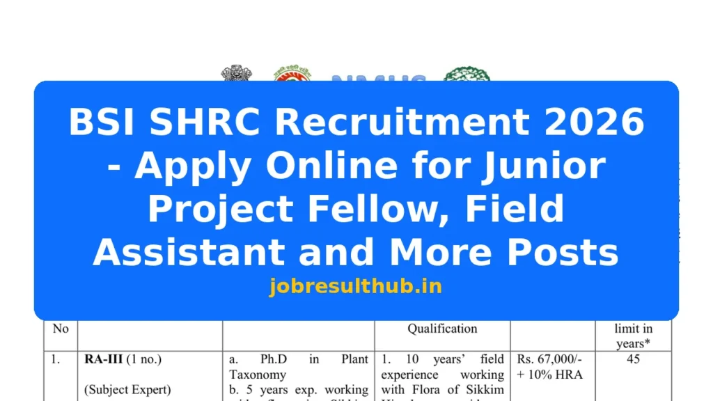 BSI SHRC Recruitment 2026 - Apply Online for Junior Project Fellow, Field Assistant and More Posts - 2026 Posts