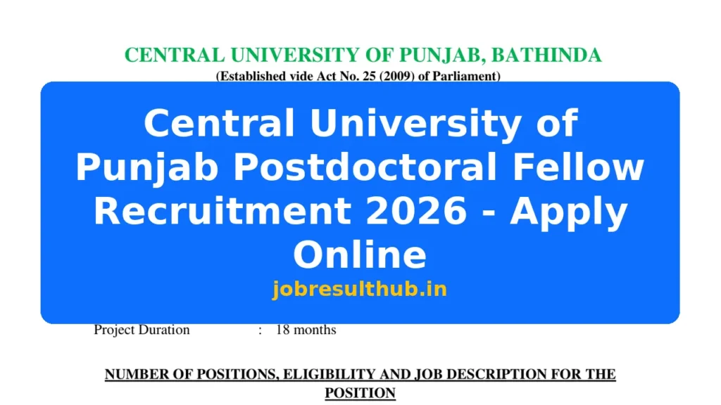 Central University of Punjab Postdoctoral Fellow Recruitment 2026 - Apply Online - 2026 Posts