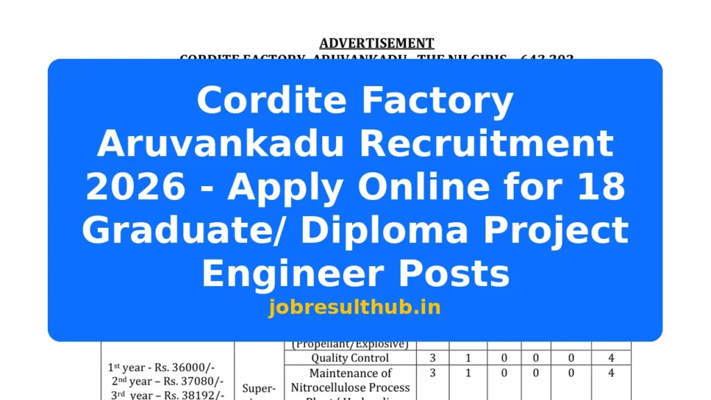Cordite Factory Aruvankadu Recruitment 2026 - Apply Online for 18 Graduate/ Diploma Project Engineer Posts - 2026 Posts