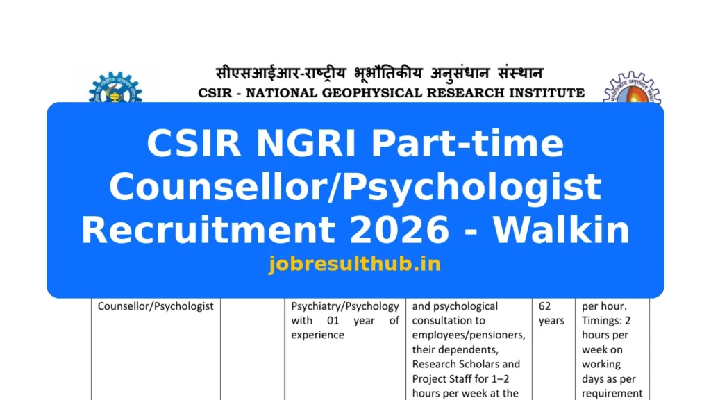 CSIR NGRI Part-time Counsellor/Psychologist Recruitment 2026 - Walkin - 2026 Posts