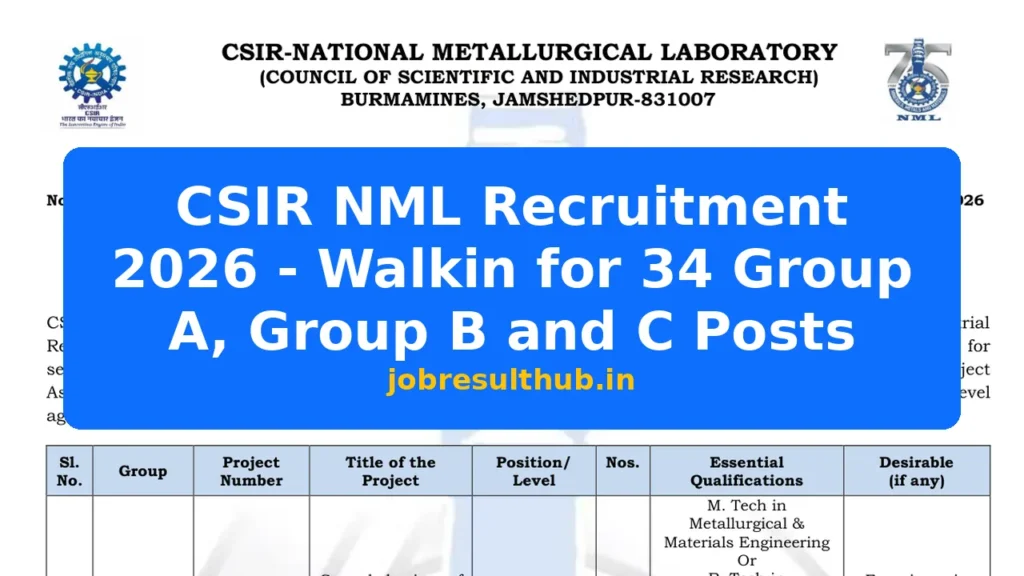 CSIR NML Recruitment 2026 - Walkin for 34 Group A, Group B and C Posts - 2026 Posts