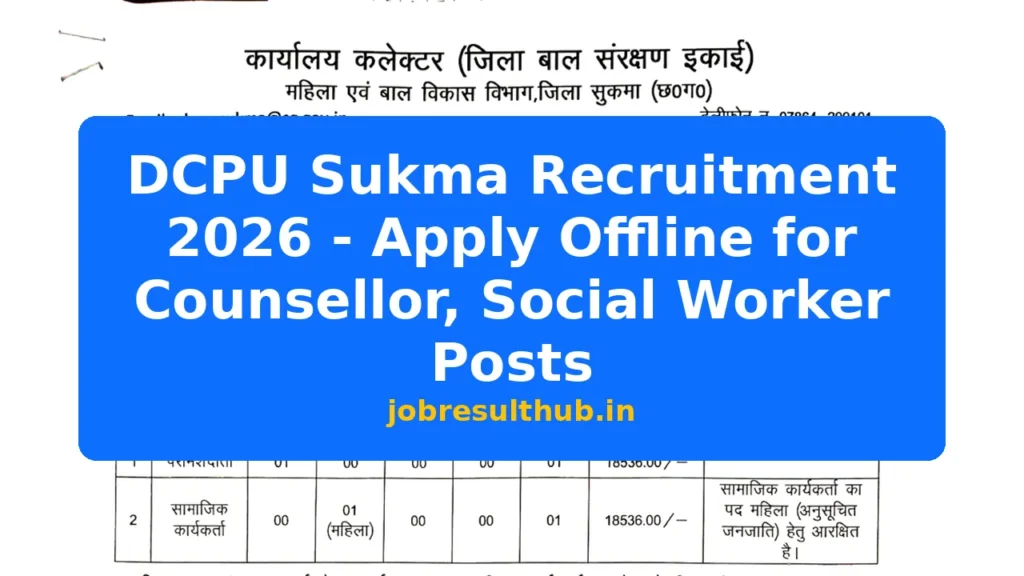 DCPU Sukma Recruitment 2026 - Apply Offline for Counsellor, Social Worker Posts - 2026 Posts