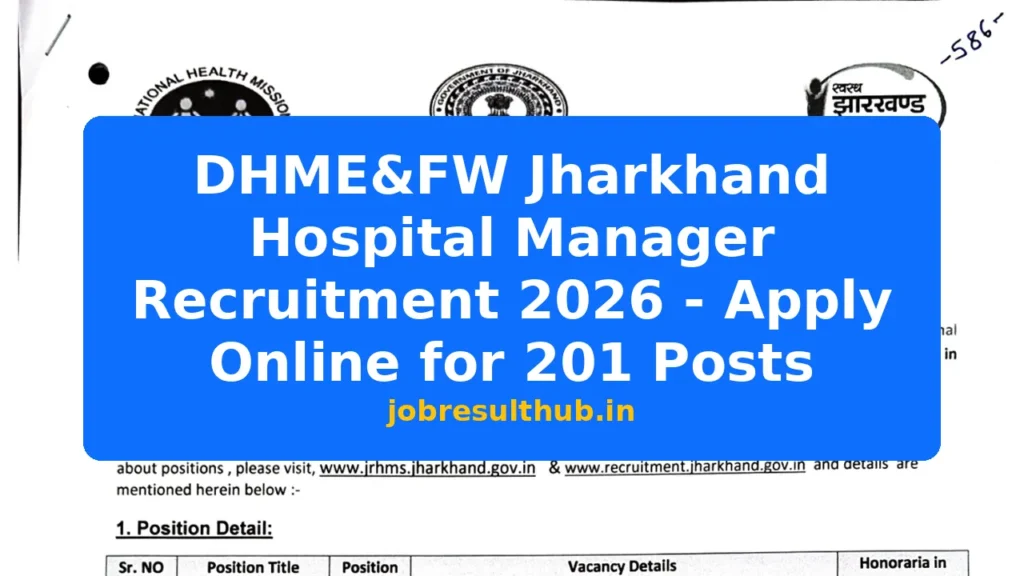 DHME&FW Jharkhand Hospital Manager Recruitment 2026 - Apply Online for 201 Posts - 2026 Posts