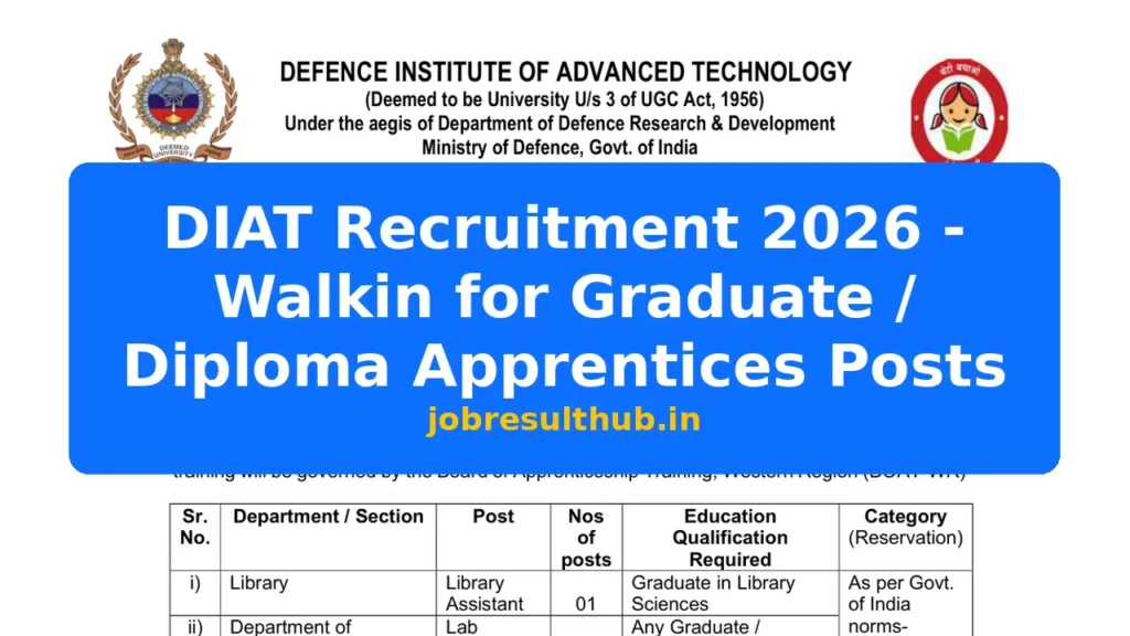 DIAT Recruitment 2026 - Walkin for Graduate / Diploma Apprentices Posts - 2026 Posts