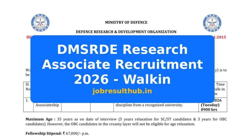 DMSRDE Research Associate Recruitment 2026 - Walkin - 2026 Posts