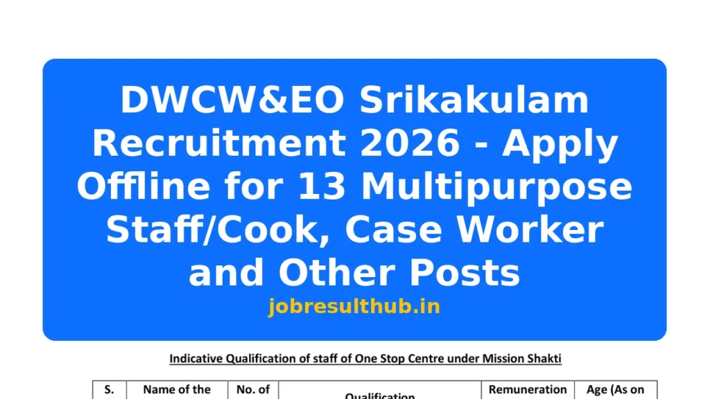 DWCW&EO Srikakulam Recruitment 2026 - Apply Offline for 13 Multipurpose Staff/Cook, Case Worker and Other Posts - 2026 Posts