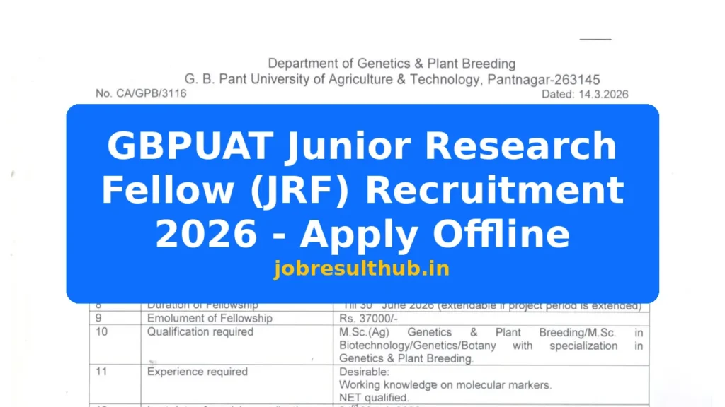 GBPUAT Junior Research Fellow (JRF) Recruitment 2026 - Apply Offline - 2026 Posts