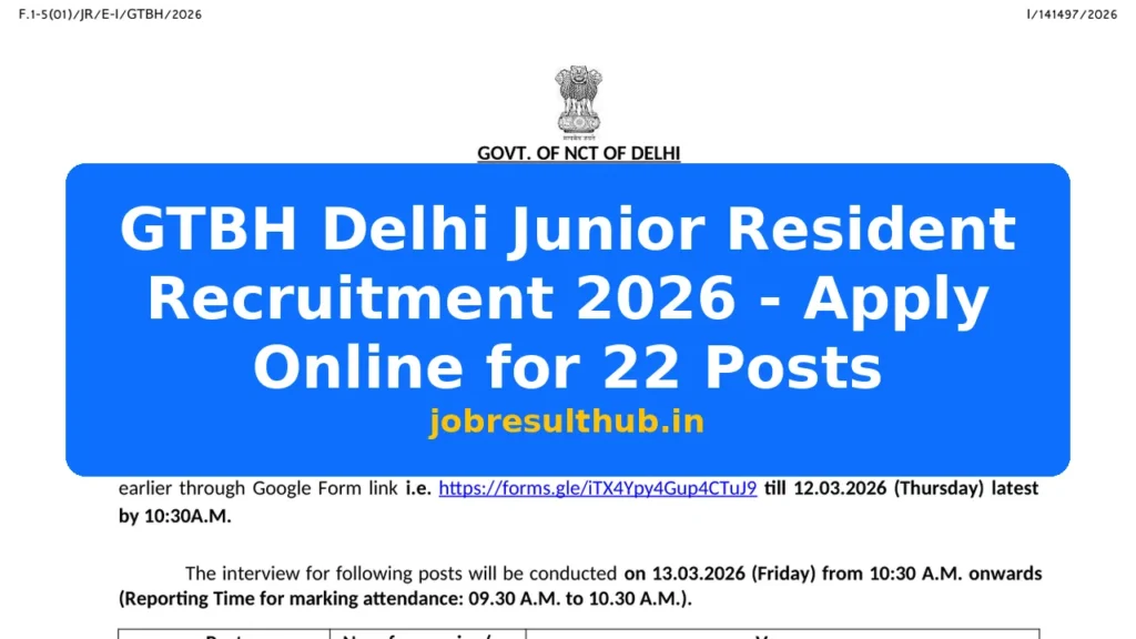 GTBH Delhi Junior Resident Recruitment 2026 - Apply Online for 22 Posts - 2026 Posts