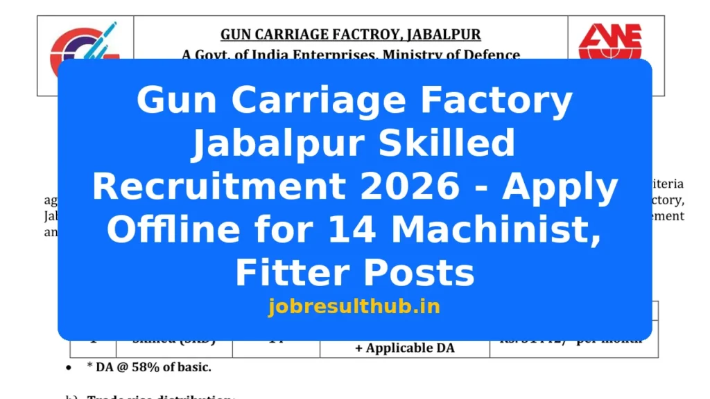 Gun Carriage Factory Jabalpur Skilled Recruitment 2026 - Apply Offline for 14 Machinist, Fitter Posts - 2026 Posts