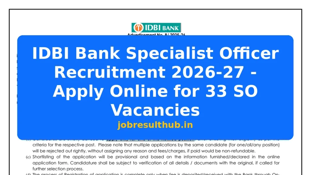 IDBI Bank Specialist Officer Recruitment 2026-27 - Apply Online for 33 SO Vacancies - 2026 Posts