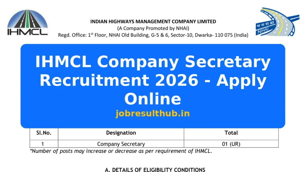 IHMCL Company Secretary Recruitment 2026 - Apply Online - 2026 Posts