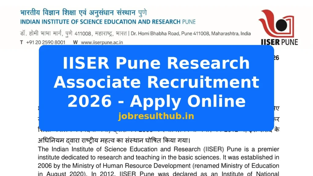 IISER Pune Research Associate Recruitment 2026 - Apply Online - 2026 Posts