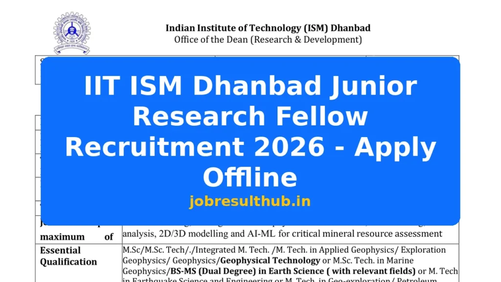 IIT ISM Dhanbad Junior Research Fellow Recruitment 2026 - Apply Offline - 2026 Posts